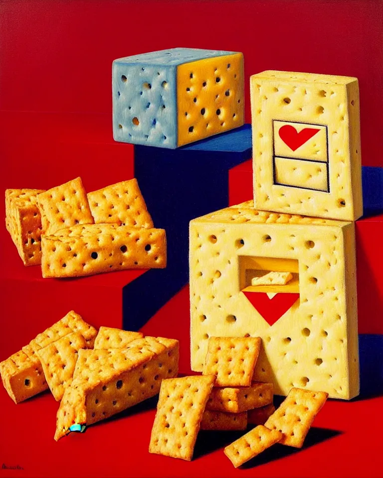 Prompt: a box of cheez - its by raphael, hopper, and rene magritte. detailed, proportional, romantic, vibrant, enchanting, achingly beautiful, graphic print, trending on artstation