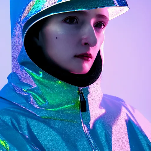 Image similar to an ultra high definition professional studio quality photograph of an artificially intelligent cyberpunk art influencer wearing a transparent iridescent pastel coloured face visor and matching ribbed raincoat on white coat hook in a sheer icelandic black rock environment. dramatic lighting. volumetric shadows. light rays