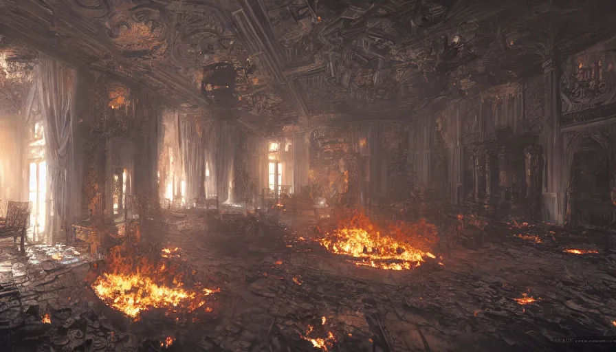 Image similar to Interior of a burning french castle, hyperdetailed, artstation, cgsociety, 8k