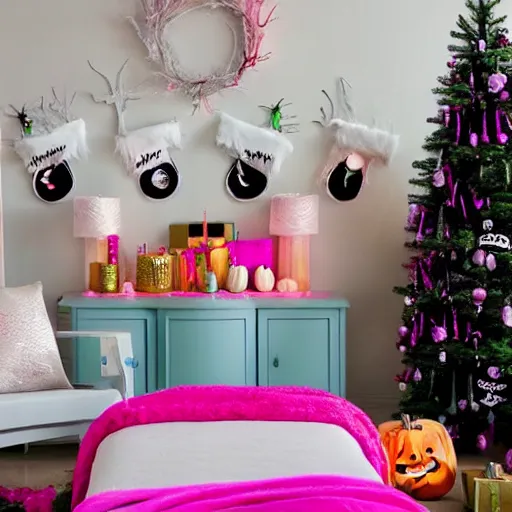 Prompt: homemade bubble gum and pastel pink halloween themed christmas bedroom ideas, high resolution, creative, visually appealling