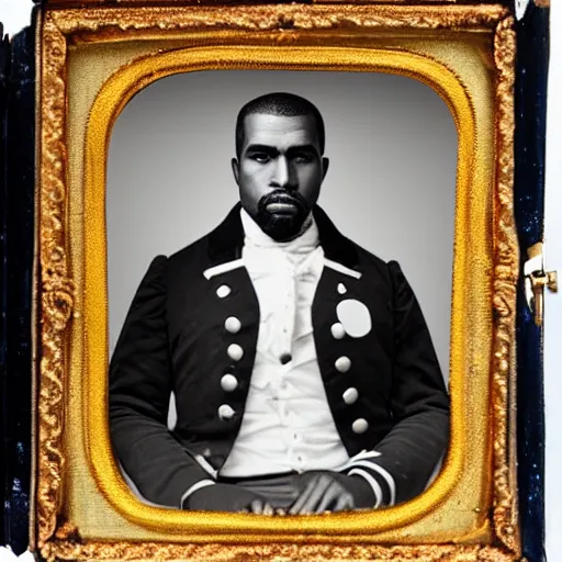 Image similar to daguerreotype portrait of kanye west wearing a confederate officer uniform, 8 k, very detailed, very intricate,