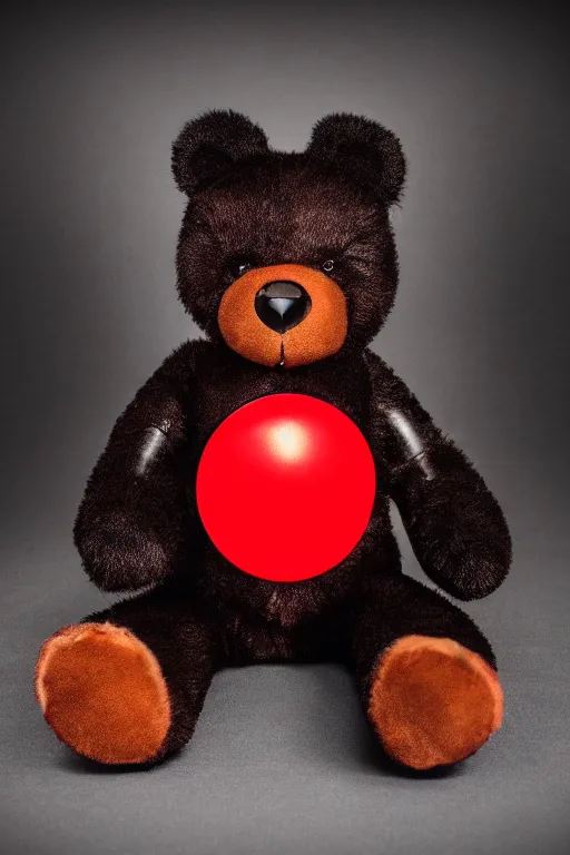 Prompt: vintage analog product photography of a black polished leather teddybear, 70s design, bright red, studio lighting, film grain, lensflare, color bleed, glare