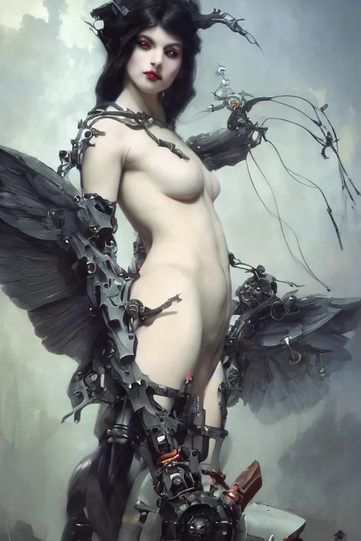 Prompt: Beautiful pale warhammer 40000 goth girl with mechanical wings and many wires, masterpiece 4k digital illustration by Ruan Jia and Mandy Jurgens and Artgerm and william-adolphe bouguereau, highly detailed, trending on artstation, award winning,