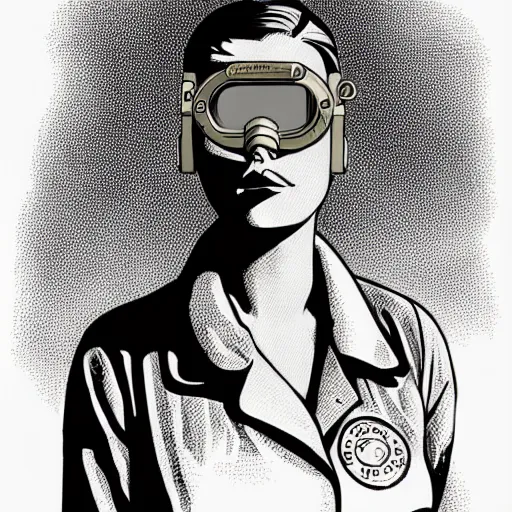 Image similar to tattooed stoic heroic emotionless dirty butch blonde woman mechanic with very short slicked - back hair, full body, uncomfortable awkward and anxious, wearing dark - lensed victorian goggles, wearing flight suit, moebius, rough paper, smooth median photoshop filter cutout vector, moebius, ron cobb, sci fi, behance hd