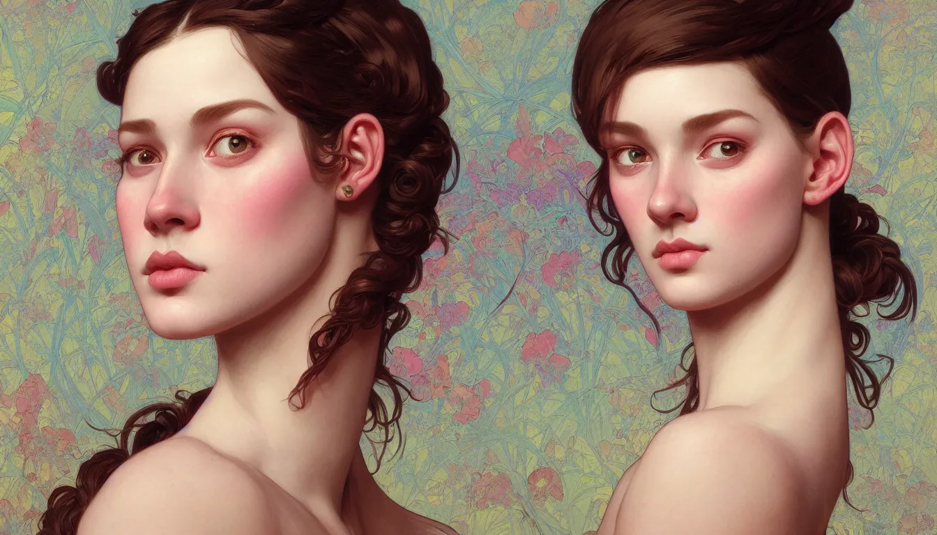 Image similar to excellent painted portrait of pretty girl with upturned nose, high quality masterpiece painted, patterned background by james jean, 4 k, trending on artstation, octane render, art by james jean and artgerm and greg rutkowski and alphonse mucha and craig mullins and james jean and andrei riabovitchev and marc simonetti and peter mohrbacher