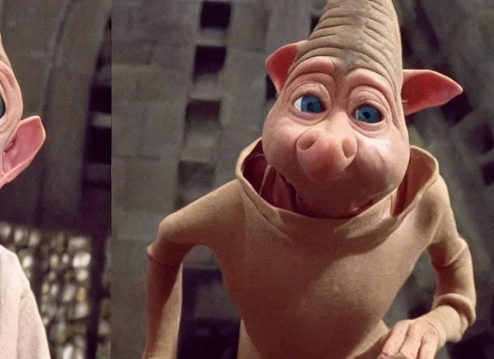 Prompt: Donald Trump as Dobby in Harry Potter, 35mm film