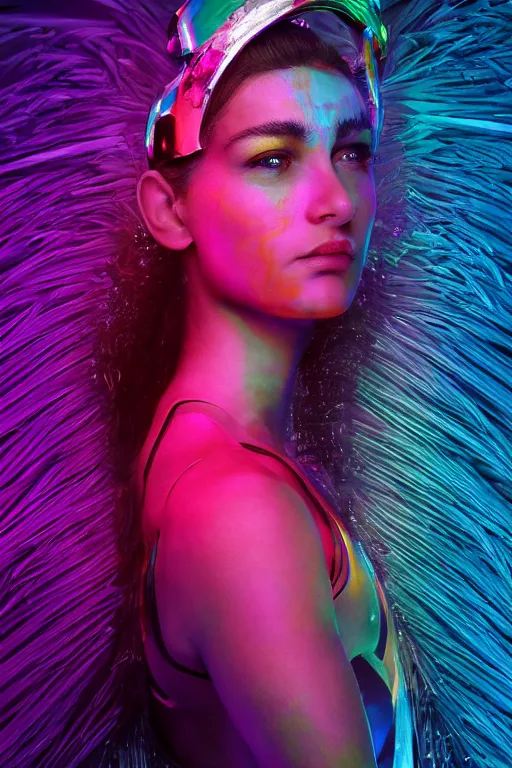 Prompt: a psychedelic close-up shot from below of a beautiful athletic woman with a parrot head, clear dark background, object spotlight, octane render, HD, 8k, hyper realism, beautiful color pallet, epic, synthwave art style