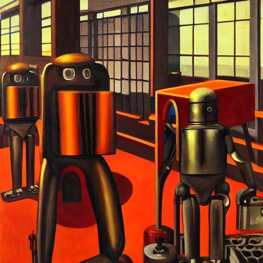 Image similar to drab slave human workers building robots, watched by fascist robots, brutalist factory, dystopian, pj crook, edward hopper, oil on canvas