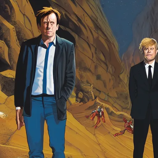 Image similar to A marvel comic of the tenth doctor standing on one side of a canyon, and Boris Johnson standing on the other, daytime
