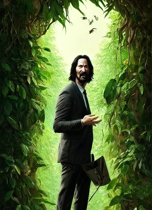 Image similar to highly detailed comedy caper movie poster with silly wacky zany keanu reeves hiding in leaves, keanu reeves face inside a leafy bush by greg rutkowski, masterpiece, really funny, 1 0 / 1 0 comedy