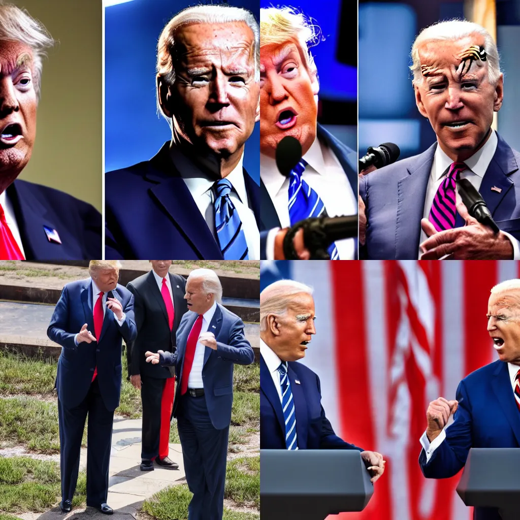 Prompt: epic showdown donald trump and joe biden destroying the earth locked in moral combat