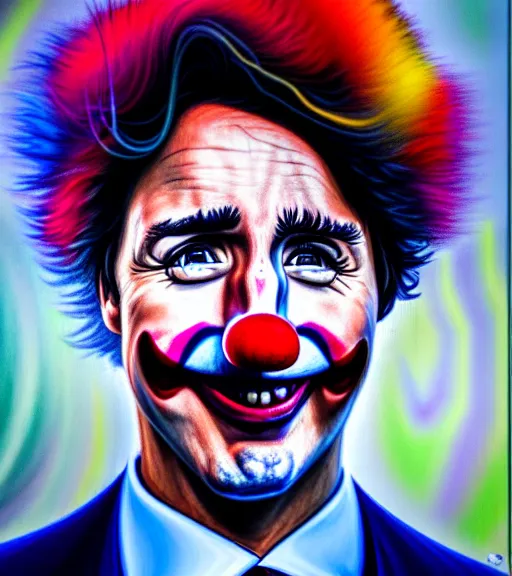 Image similar to justin trudeau as a clown, oil on canvas, deep depth field, masterpiece, cinematic composition, hyper - detailed, hd, hdr