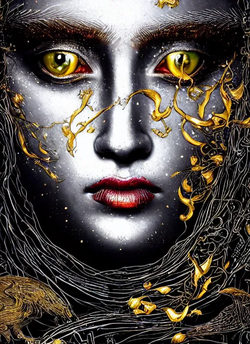 Image similar to glowing silver and golden elements, full close-up portrait, crow from shutterstock, book cover, green forest, white moon, red lips, establishing shot, extremly high detail, photo-realistic, cinematic lighting, pen and ink, intricate line drawings, by Yoshitaka Amano, Ruan Jia, Kentaro Miura, Artgerm, post processed, concept art, artstation, matte painting, style by eddie mendoza, raphael lacoste, alex ross