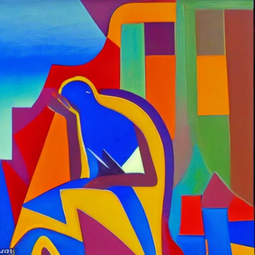 Prompt: woman stops by the river and weaves the stories for her community, abstract art in the style of cubism and Georgia o keefe,