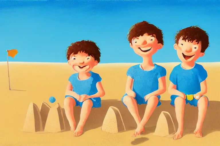 Image similar to Two happy children sitting on the beach making sandcastles, blue sky, HD, by Benji Davies