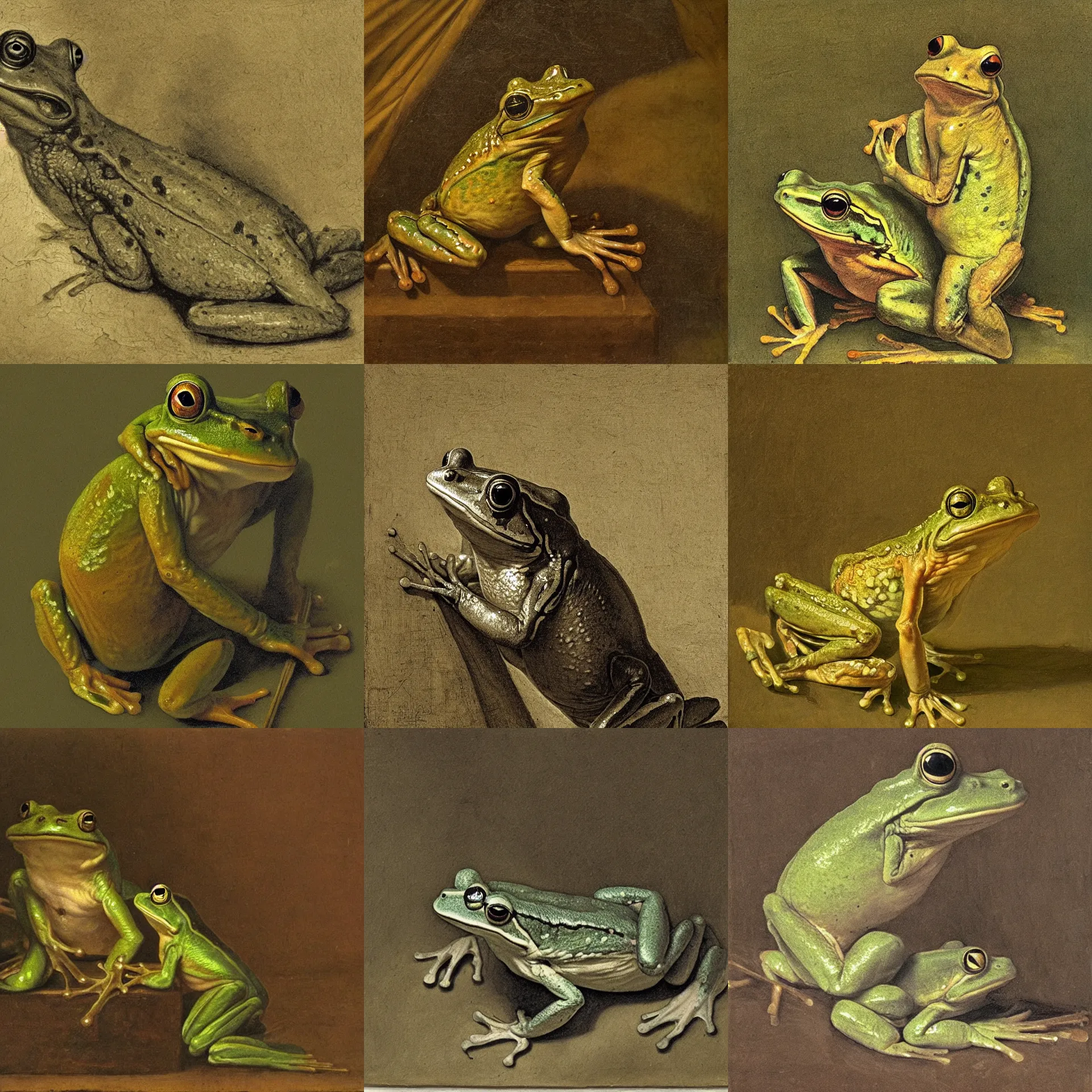 Prompt: Frog as the subject of a Renaissance era painting, light and shadows in the style of Rembrandt