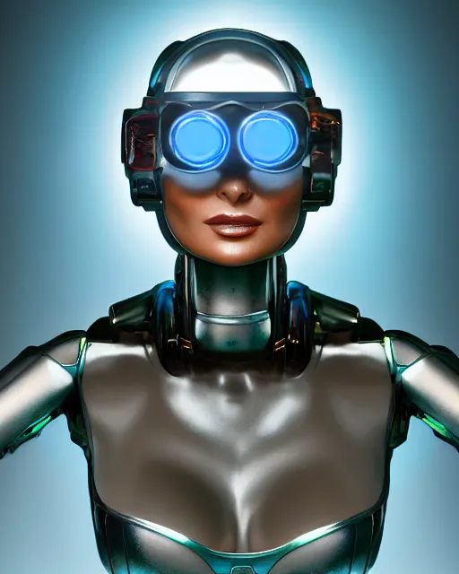 Image similar to centered portrait of flirtatious young carmen electra as a solarpunk mecha humanoid robotic parts wearing goggles with bright cyan lights, real human face, pudica pose by bouguereau, inside white room, ultra - realistic and detailed, soft portrait shot 8 k