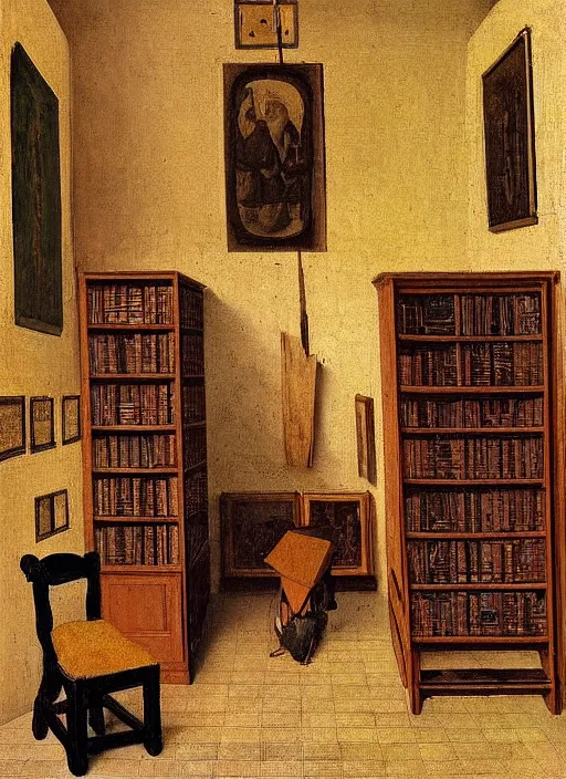 Image similar to bookshelves and drawing materials, paints, brushes, medieval painting by jan van eyck, johannes vermeer, florence