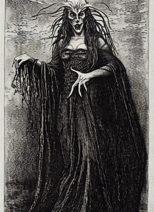 Image similar to ursula the sea witch as a demon from the dictionarre infernal, etching by louis le breton, 1 8 6 9, 1 2 0 0 dpi scan, ultrasharp detail, clean scan