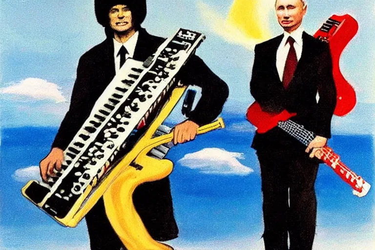 Image similar to Vladimur Putin Shredding on a Keytar in the style of Frank Frazetta