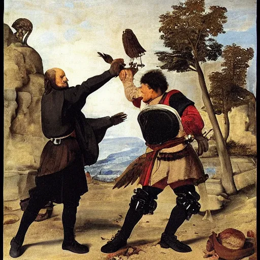 Prompt: Turning and turning in the widening gyre, the falcon cannot hear the falconer, painted by Diego Velazquez