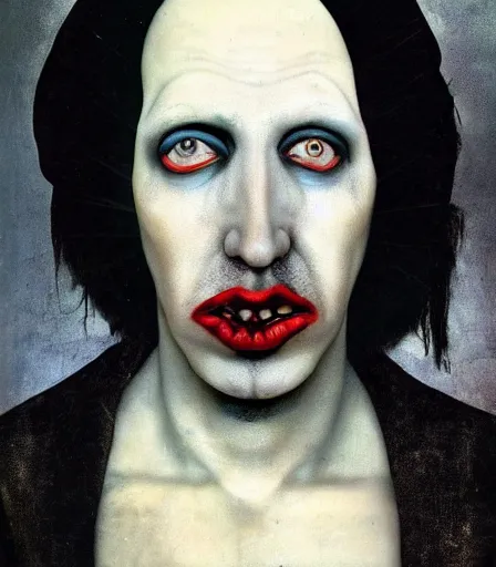 Image similar to portrait of marilyn manson by joel peter witkin and hieronymus bosch, high quality, high detail