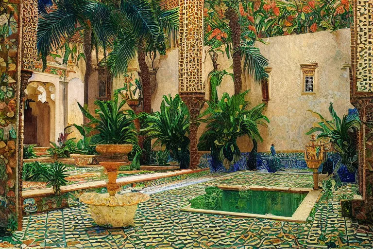 Image similar to painting of a beautiful moorish palace courtyard garden, by rudolf ernst and maxfield parrish and arkady rylov, patterned tilework, palm trees, tiled fountains, extremely detailed, cinematic lighting, smooth sharp focus