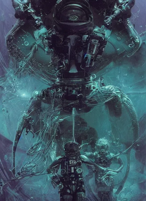 Image similar to astronauts in dark and empty void underwater - complex and hyperdetailed technical suit. reflection and dispersion materials. rays and dispersion of light. volumetric light. 5 0 mm, f / 3 2. noise film photo. flash photography. ultra realistic, wide angle. poster by wayne barlowe, hajime sorayama aaron horkey, craig mullins