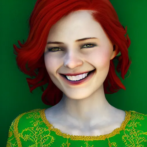 Image similar to Intricate embroidery of a beautiful young woman with red hair and a green dress, smiling by Mary Dimary and Craig Mullins, Golden Background, Fabric texture, Golden thread, intricate patterns 4k, 8k, HDR