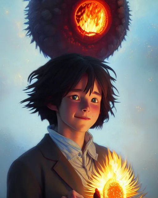 Image similar to real life portrait of calcifer from the movie howl's moving castle, intricate, elegant, highly detailed, digital painting, artstation, concept art, smooth, sharp focus, illustration, art by artgerm and greg rutkowski and fra angelico and alphons mucha