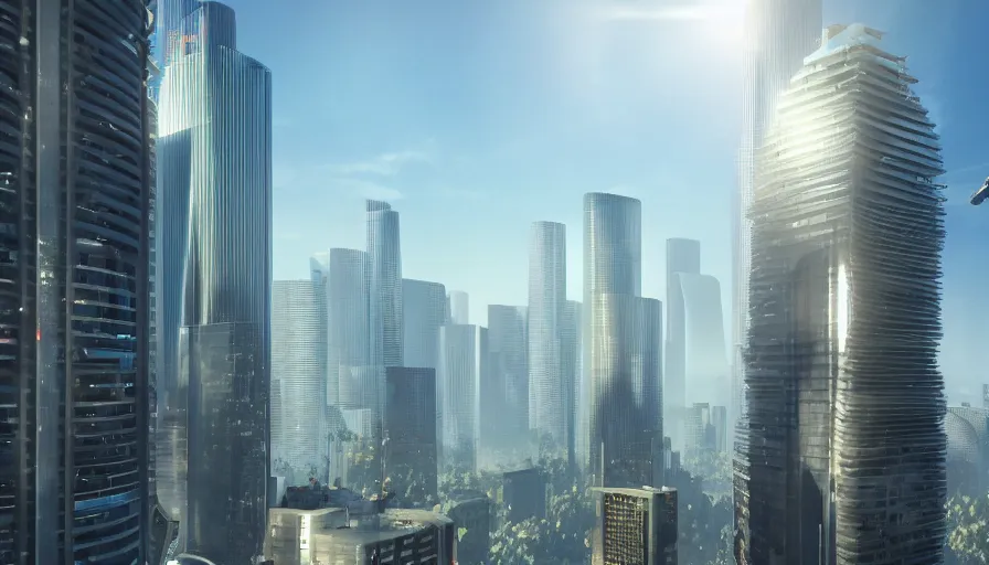 Prompt: ground view of futuristic los angeles center with humongous glass skyscrapers, sunlight, hyperdetailed, artstation, cgsociety, 8 k