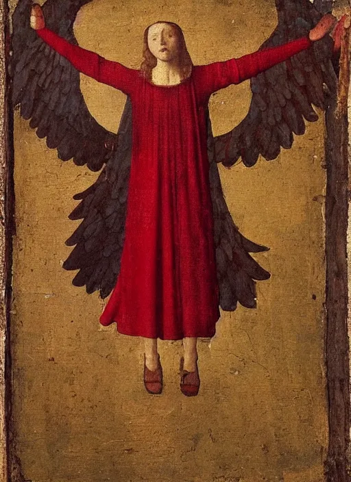 Image similar to Flying Fallen Angel with wings dressed in red, Medieval painting by Jan van Eyck, Johannes Vermeer, Florence