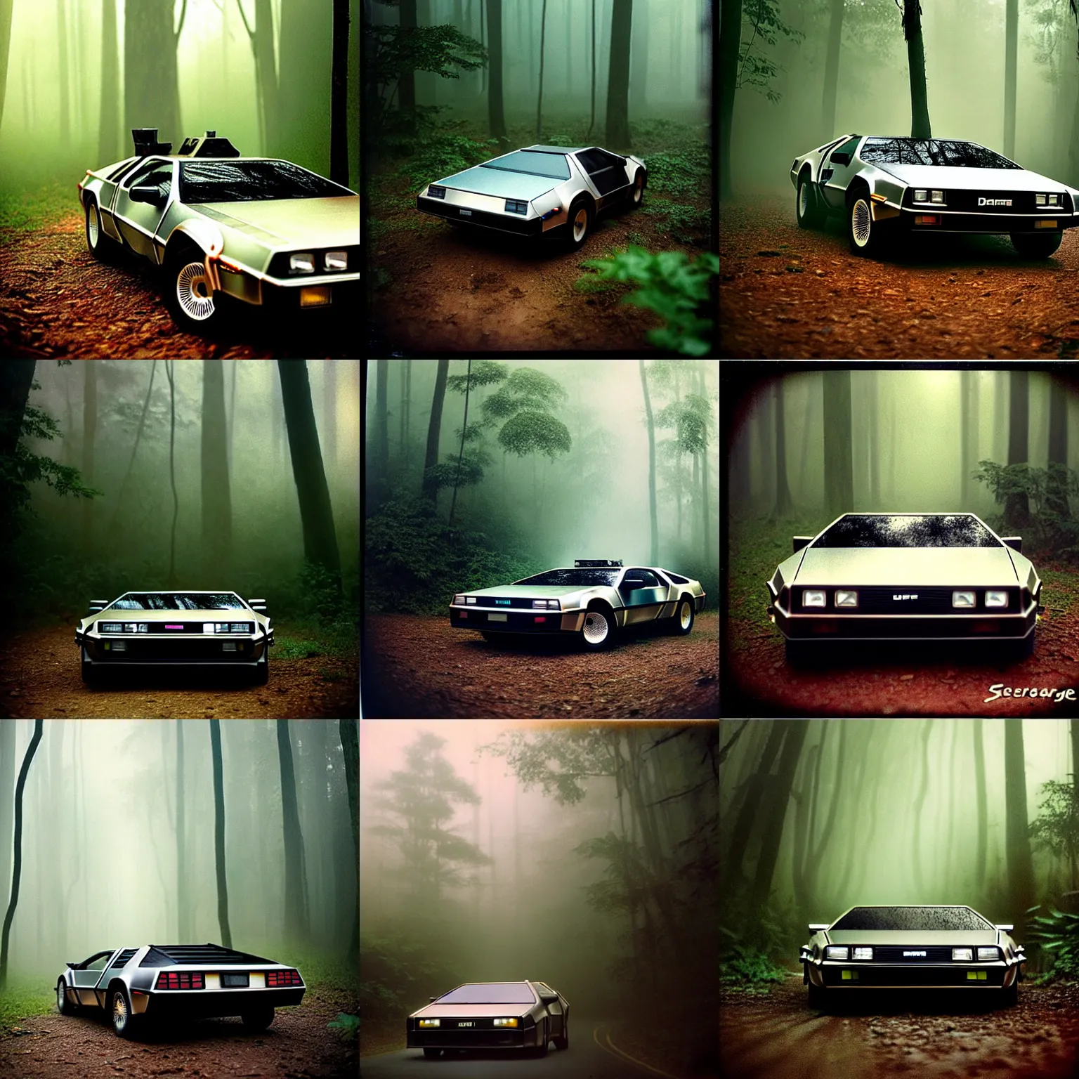 Prompt: transformers delorean oversized, fog, in deep jungle forest jungle, overcast! cinematic focus, old damagaed polaroid photo, vintage, neutral colors, faded!! very soft lights, big overcast, very foggy, full shot by steve hanks, by serov valentin, by lisa yuskavage, by andrei tarkovsky