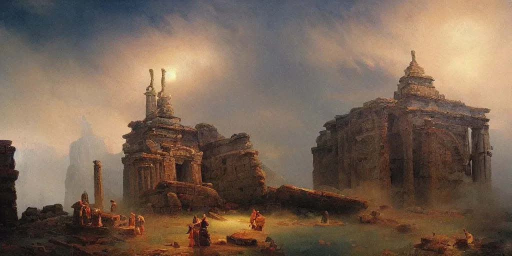 Prompt: big enormous ancient temple ruins beautiful artwork detailed painting by ivan aivazovsky by greg rutkowsky