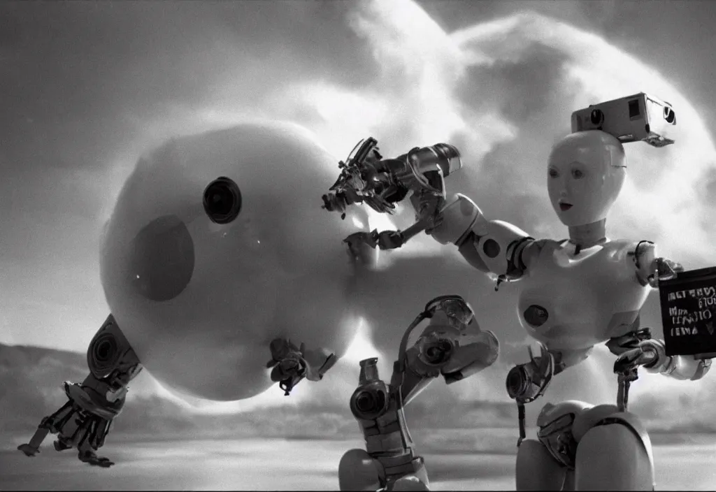 Image similar to a screenshot of a movie depicting a female robot carrying a movie camera with a huge explosion behind her