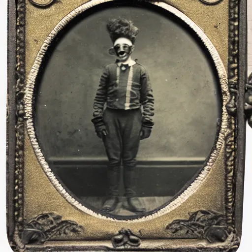 Prompt: tintype photo of a clown standing at the entrance to a cave
