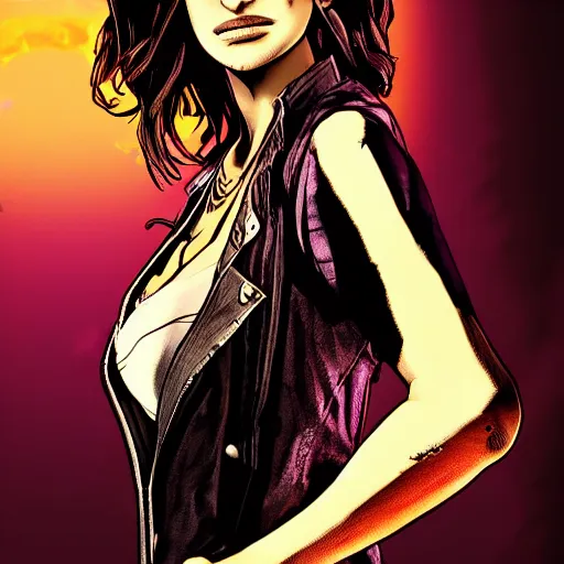 Image similar to penelope cruz portrait, borderlands, tales from the borderlands, the wolf among us, comic, cinematic lighting, studio quality, 8 k