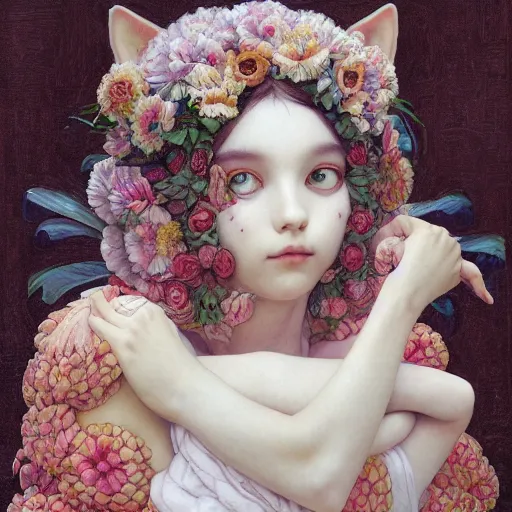 Image similar to white cat girl, botanical, portrait face, colorful, frantisek kupka, intricate, miles johnston, kuroda seiki, cynical realism, ozabu, john william godward, painterly, yoshitaka amano, moebius, miles johnston, louise zhang, james jean, mark ryden lowbrow pop surrealism art style