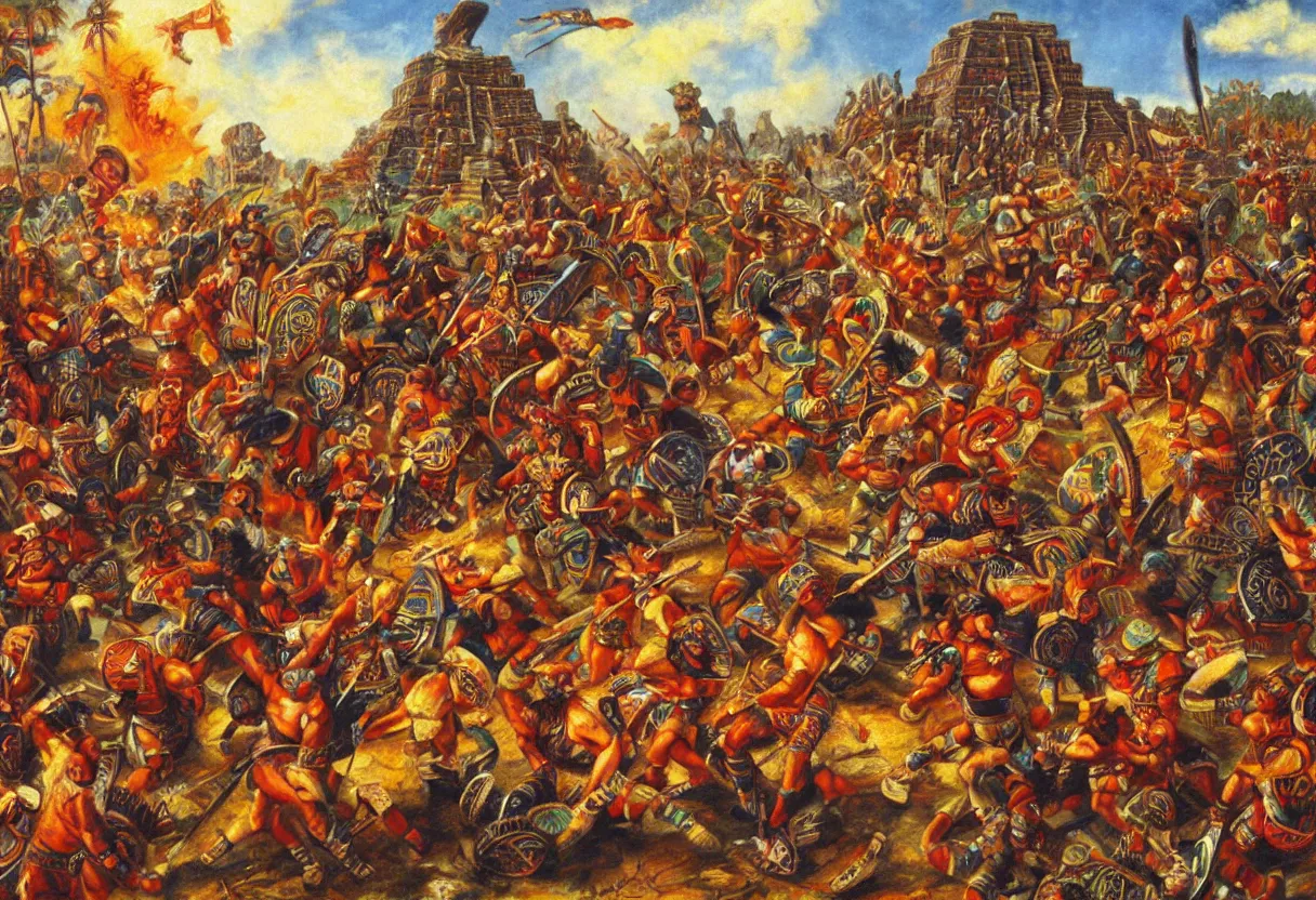 Image similar to aztec warriors fighting on an aztec temple, colorful oil painting