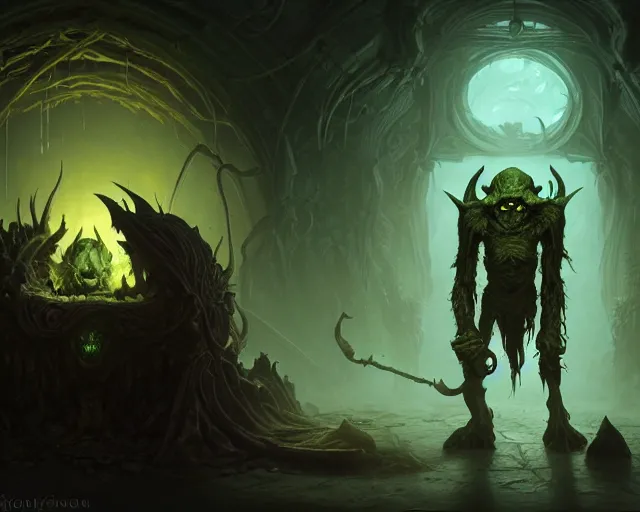 Prompt: 4 k cinematic still portrait of a goblin in a dark liminal space room, nurgle, deep focus, d & d, fantasy, intricate, repulsive, highly detailed, digital art, art station, concept art, matte, sharp focus, illustration, dark fantasy art, hearthstone, art by artgerm and greg rutkowski and alphonse mucha