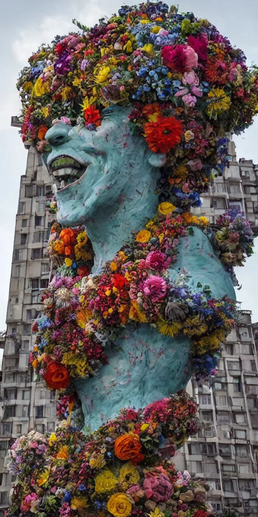 Image similar to colossal grotesque flower statue made from Lenin heads and colorful alien flowers in the middle of abandoned early soviet constructivist cityscape, Stalinist architecture, ultradetailed by Hayao Miyazaki and Josan Gonzalez and Makoto Shinkai and Giuseppe Arcimboldo and Wes Anderson