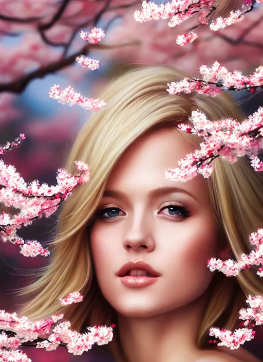 Image similar to photo of a gorgeous blonde female in the style of stefan kostic, realistic, half body shot, sharp focus, 8 k high definition, insanely detailed, intricate, elegant, art by stanley lau and artgerm, extreme blur cherry blossoms background