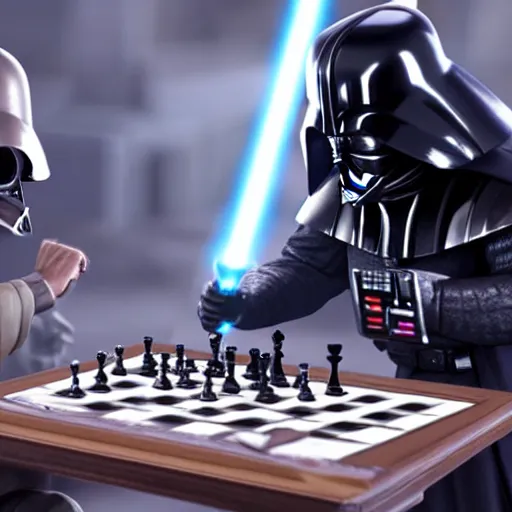 Prompt: Darth Vader and Obi-Wan playing a game of chess. Realistic setting, cinematic, 4k,hdr