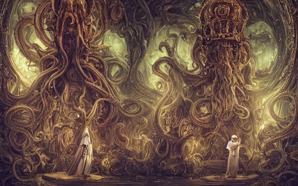 Image similar to pope priest in front of a cthulhu within a viscosity fluid lovecraft portal, intricate architecture, baroque detailed, shiny colors, high - key lighting, beautiful composition, intricate, elegant, pro photography by, highly detailed, art by artgerm and peter mohrbacher, subsurface scattering, ray tracing, vivid colors, octane render