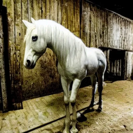 Prompt: real horse inside creepy scary nightmare atmosphere, realsitic