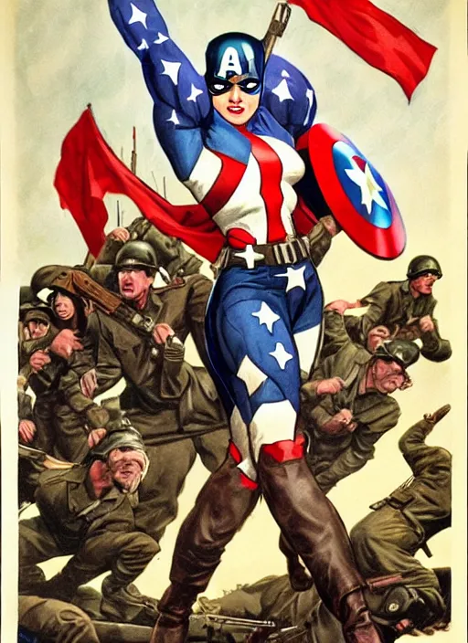 Prompt: beautiful female captain america standing on a pile of defeated german soldiers. feminist captain america wins wwii. american wwii propaganda poster by james gurney. gorgeous face. overwatch