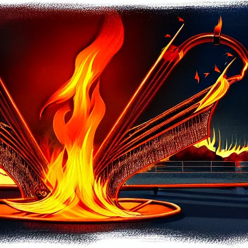 Image similar to in the lower part of the picture is the harp burning in the fire, above are cranes flying in flames, digital painting, concept art