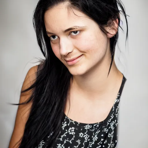 Image similar to young woman with shoulder - length messy black hair, slightly smiling, 1 3 5 mm nikon portrait