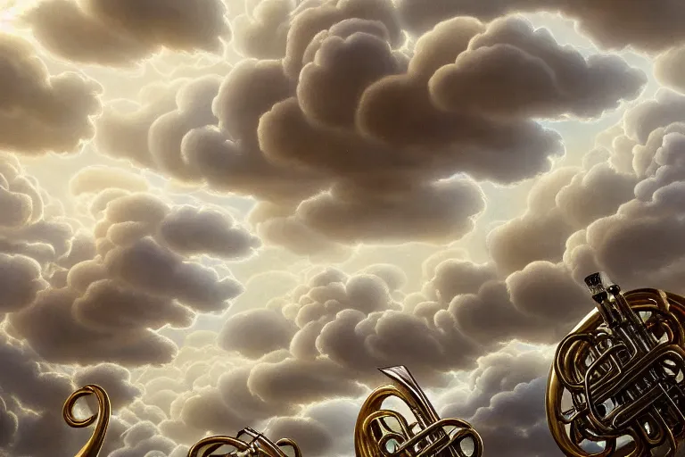 Prompt: a huge repetitive flock of many intricate elegant french horn tuba cloud filigreed cloud sculptures, art nouveau wooded environment, soothing, crepuscular, award winning art, epic dreamlike fantasy landscape, ultra realistic,