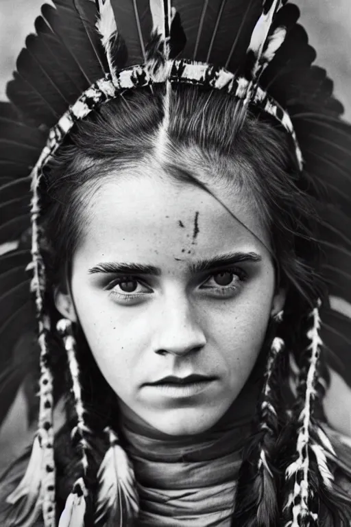 Prompt: Photo of Native American indian woman Emma Watson, portrait, skilled warrior of the Apache, ancient, realistic, detailed, Emma Watson